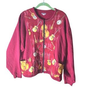 Jerzees Vintage Musical‎ Instrument Guitar Print Zip Up Sweatshirt